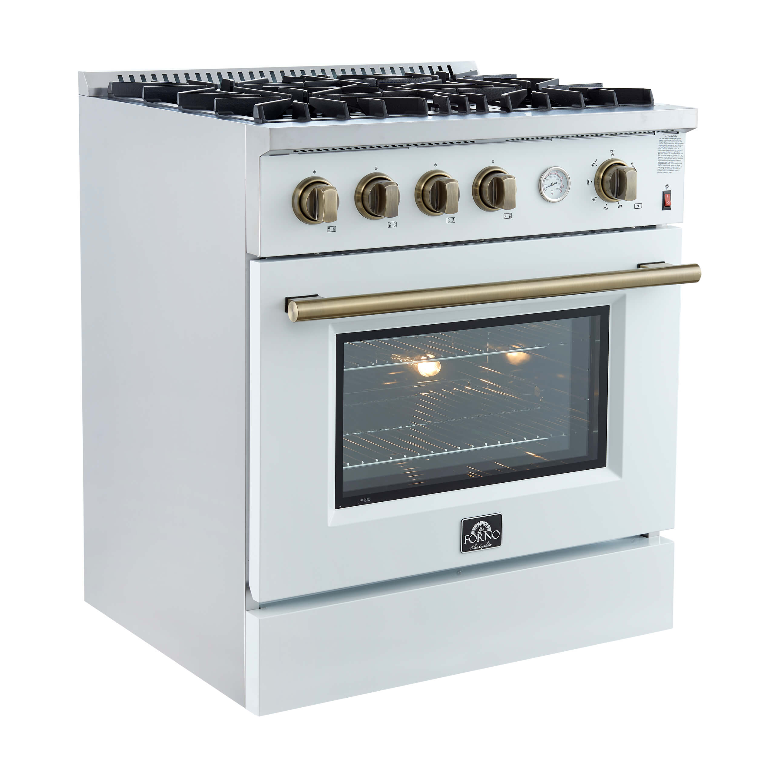 FORNO Marco 30-inch Gas Range Black & Antique Brass Design, 4 Burners 37,000 BTU, 4.32 cu.ft. Convection Oven with Built-In Temperature Gauge - Image 6