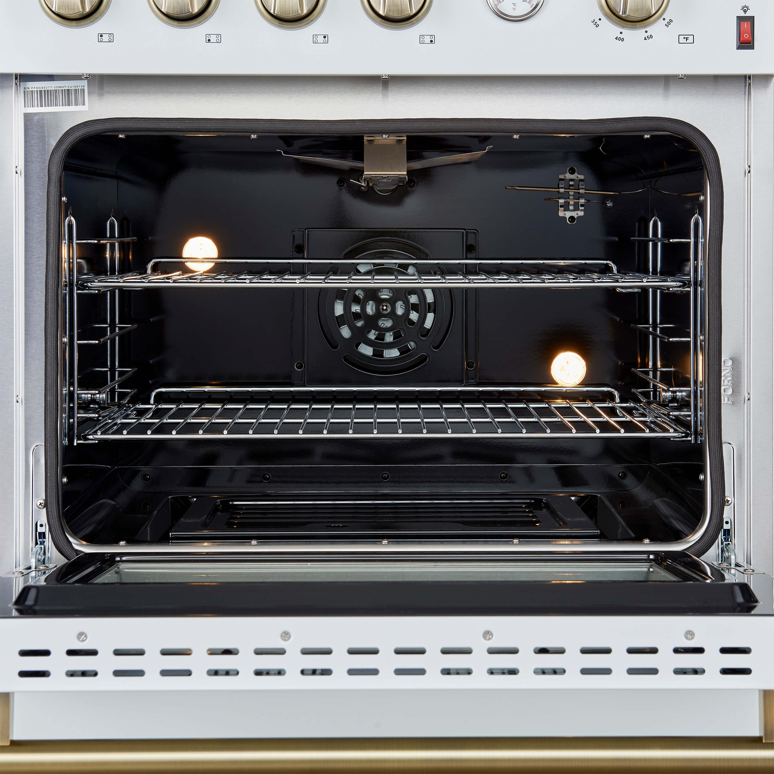 FORNO Marco 30-inch Gas Range Black & Antique Brass Design, 4 Burners 37,000 BTU, 4.32 cu.ft. Convection Oven with Built-In Temperature Gauge - Image 9