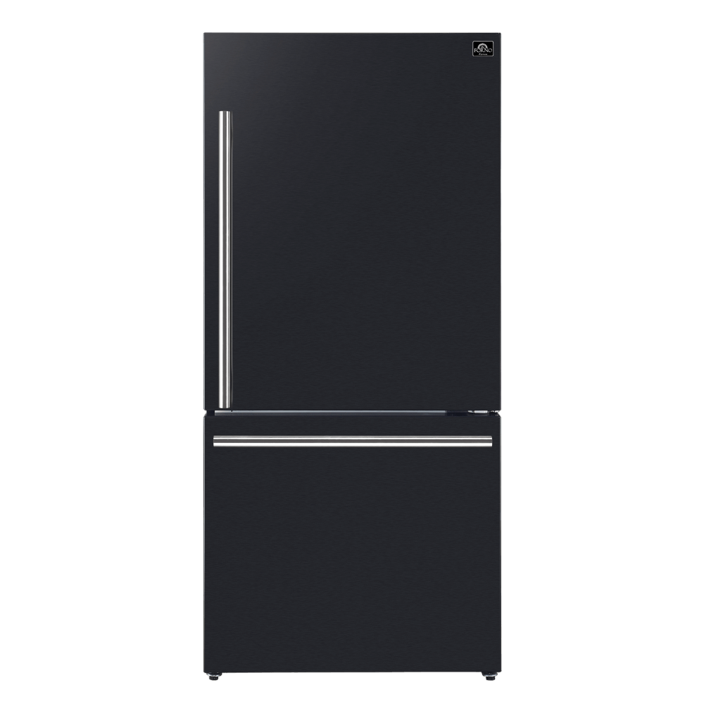 FORNO 31" Milano Espresso Bottom Freezer Right Swing Door Refrigerator in Black, 17.2 cu. ft. Additionnal Antique Brass Handles Included