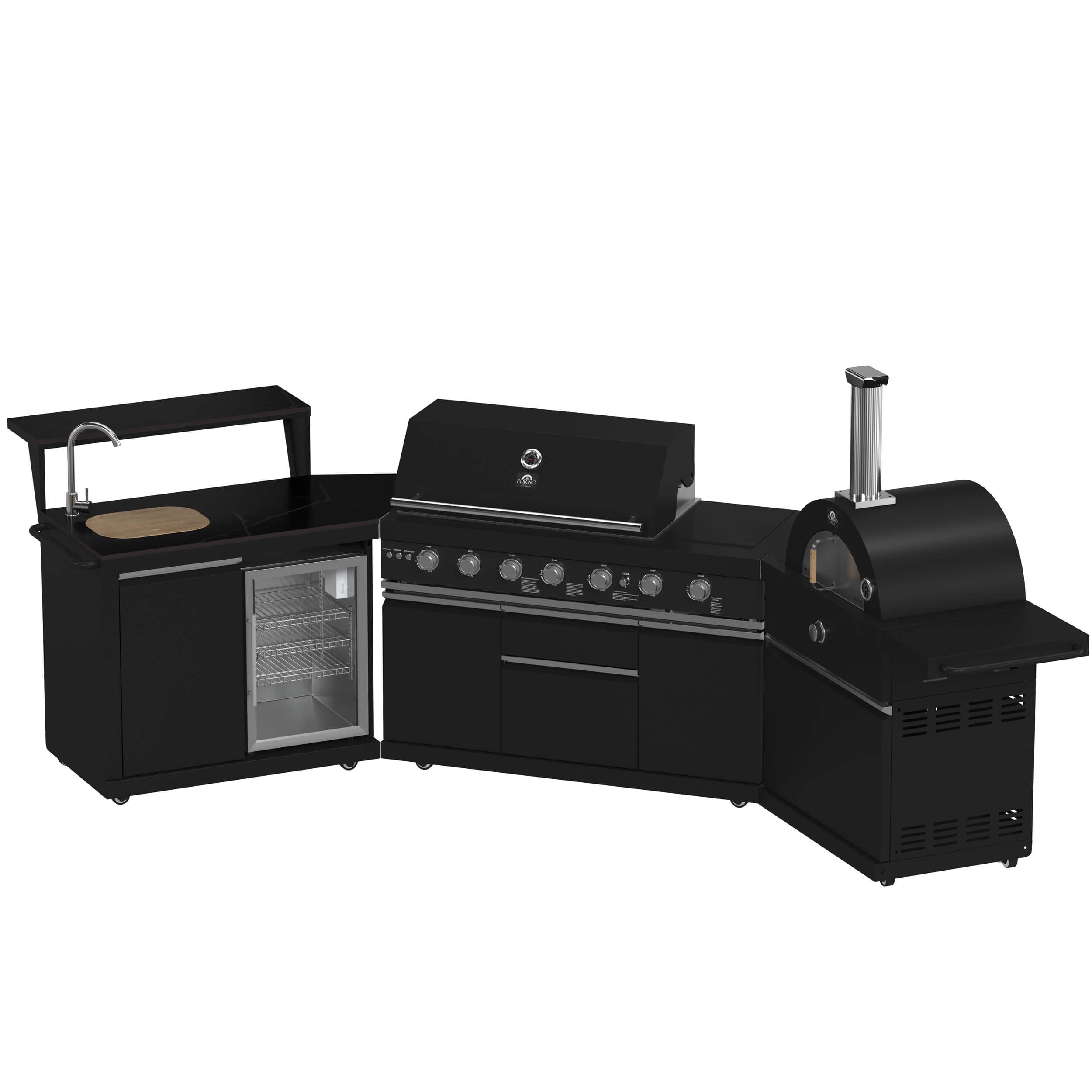FORNO All'Aperto 87,600 BTU BBQ with 4 Stainless-Steel Burners with Infrared Burners & Side Burner, Sink Module with Black Sintered Stone Countertops, Gaz Pizza Oven, Bar & Beverage Center - Image 3
