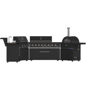 FORNO All'Aperto 99,600 BTU BBQ with 5 Stainless-Steel Burners with Infrared Burners & Side Burner, Sink Module with Black Sintered Stone Countertops, Plancha, Gas Pizza Oven, Bar & Beverage Center