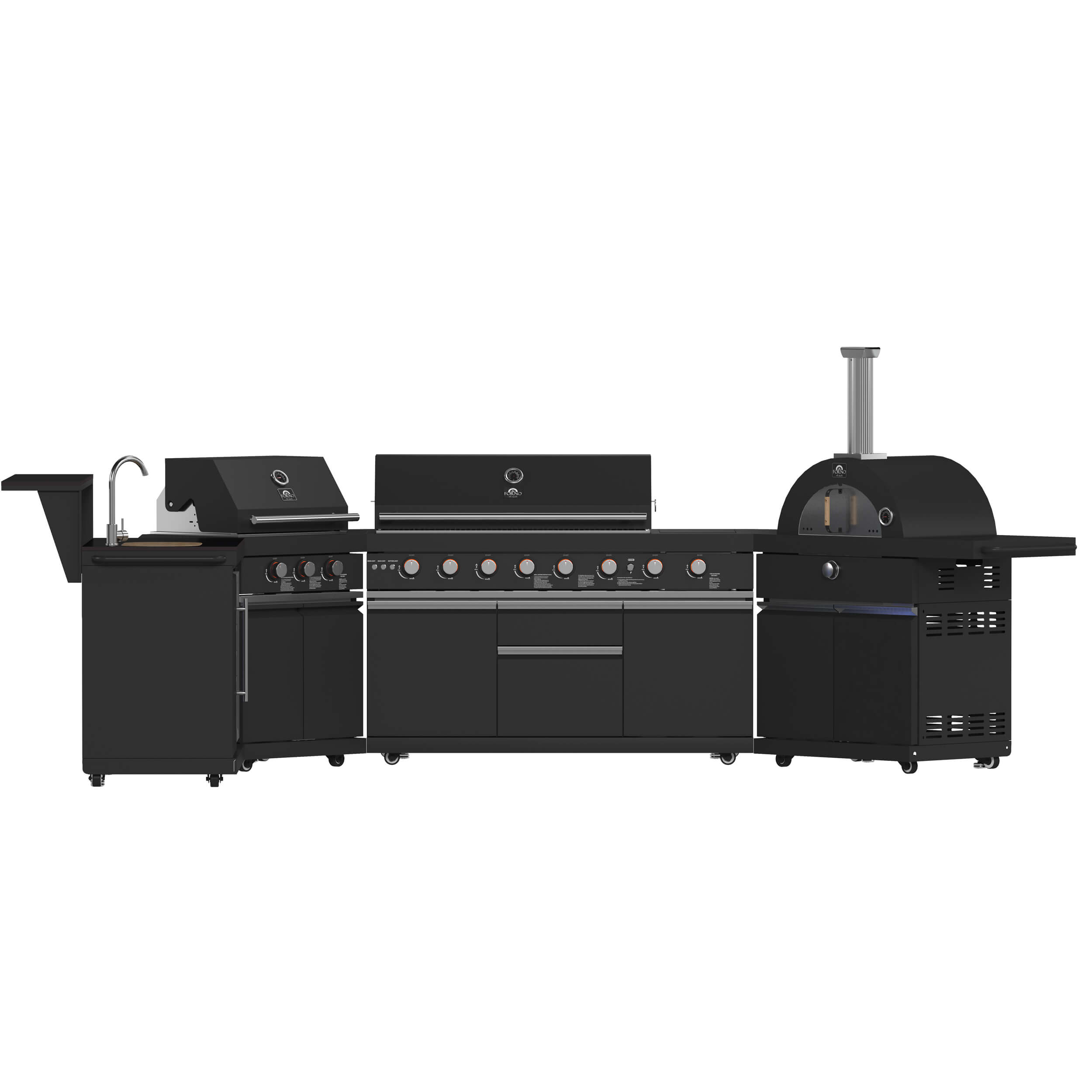 FORNO All'Aperto 99,600 BTU BBQ with 5 Stainless-Steel Burners with Infrared Burners & Side Burner, Sink Module with Black Sintered Stone Countertops, Plancha, Gas Pizza Oven, Bar & Beverage Center