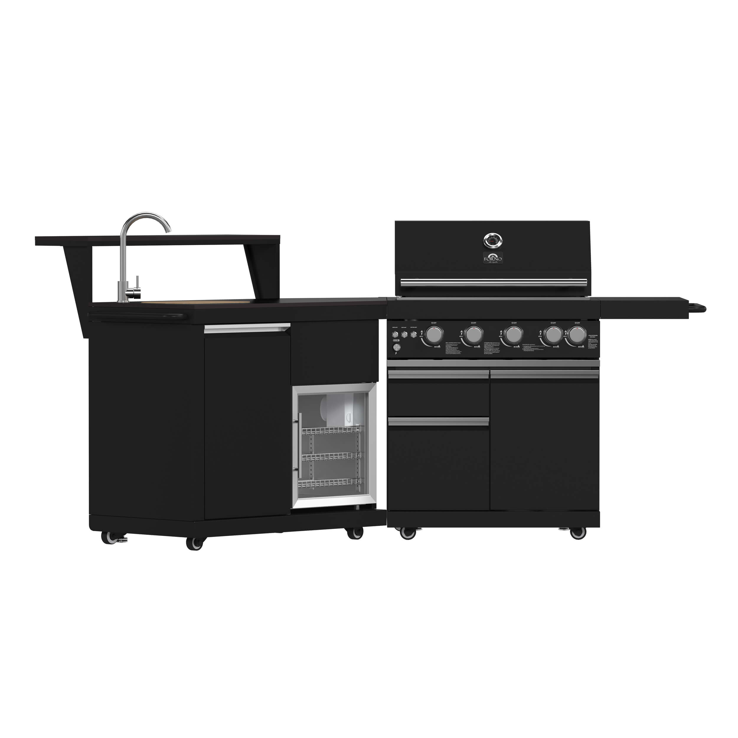 FORNO All'Aperto 62,600 BTU BBQ with 3 Stainless-Steel Burners & Infrared Burners & Sink Module with Black Sintered Stone Countertops, Bar & Beverage Center