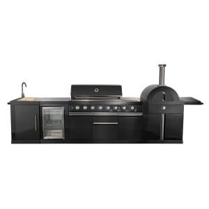 FORNO All'Aperto 87,600 BTU BBQ with 4 Stainless-Steel Burners with Infrared Burners & Side Burner, Sink Module with Black Sintered Stone Countertops, Gaz Pizza Oven, Bar & Beverage Center