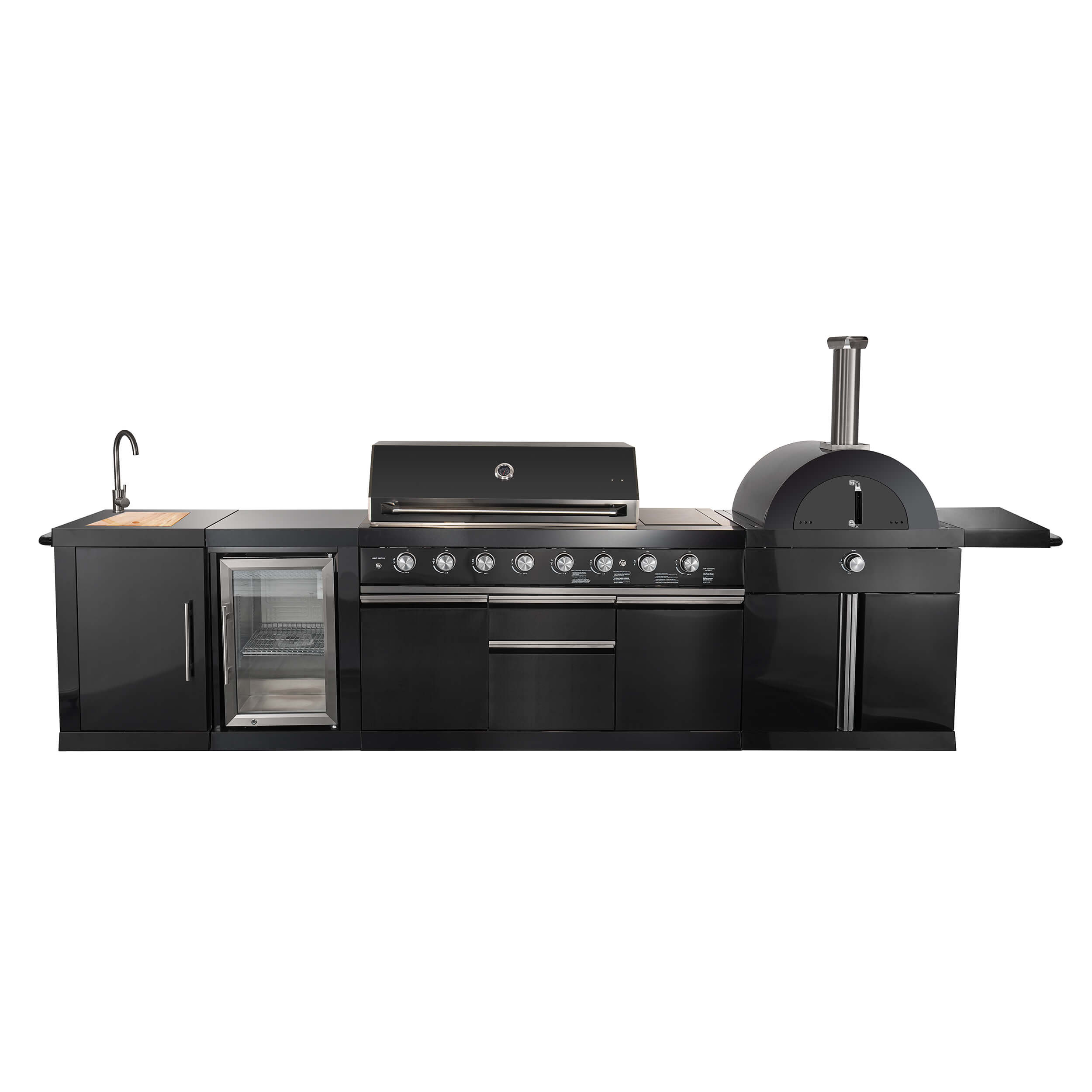 FORNO All'Aperto 87,600 BTU BBQ with 4 Stainless-Steel Burners with Infrared Burners & Side Burner, Sink Module with Black Sintered Stone Countertops, Gaz Pizza Oven, Bar & Beverage Center