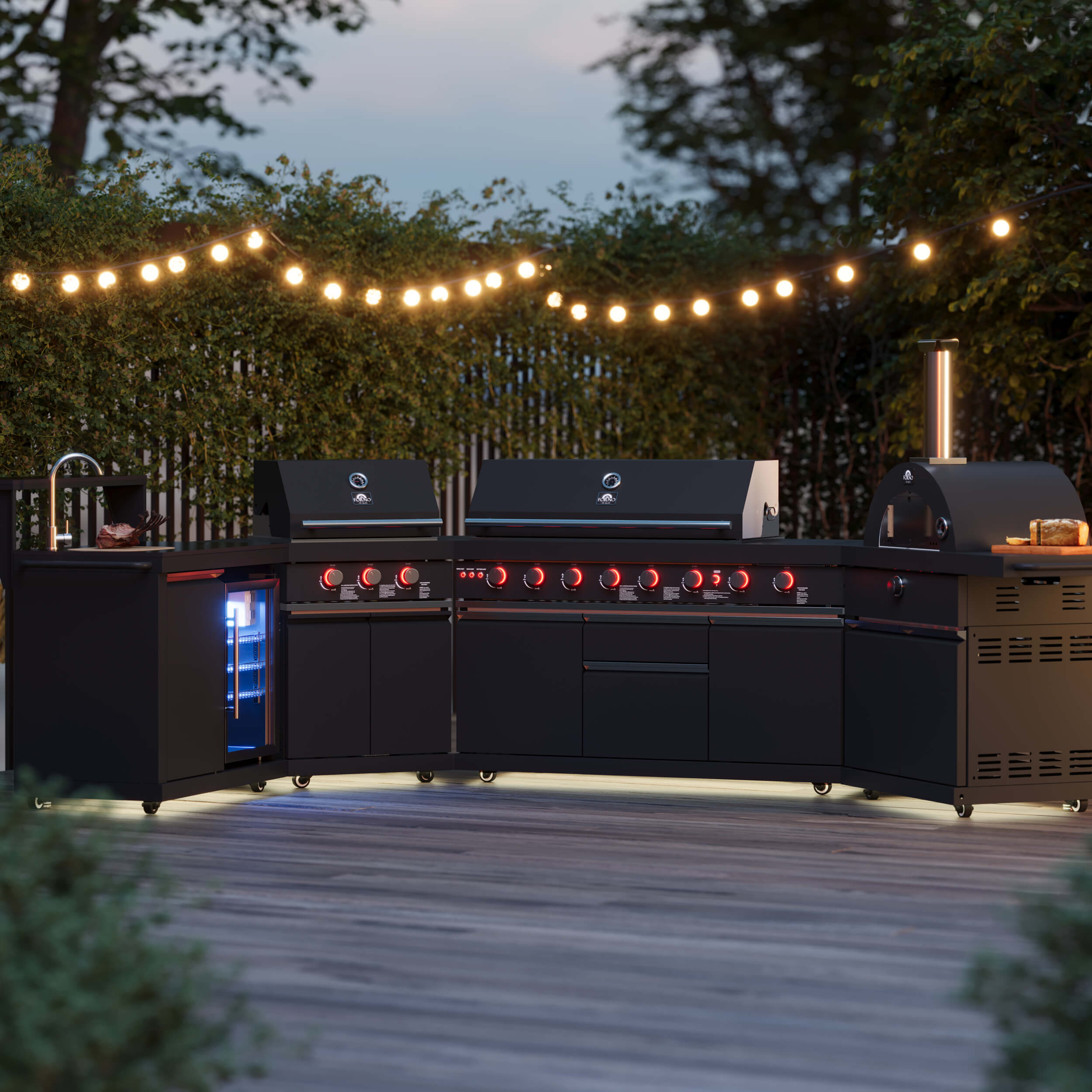 FORNO All'Aperto 99,600 BTU BBQ with 5 Stainless-Steel Burners with Infrared Burners & Side Burner, Sink Module with Black Sintered Stone Countertops, Plancha, Gas Pizza Oven, Bar & Beverage Center - Image 14