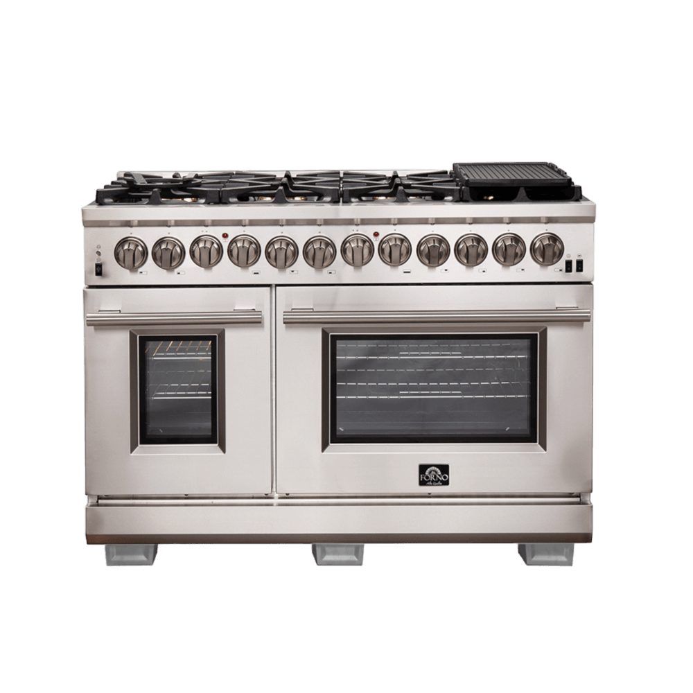 FORNO Capriasca 48-inch Dual Fuel Range All Stainless Steel, 8 Brass Burners, 6.58 cu.ft. Double Ovens