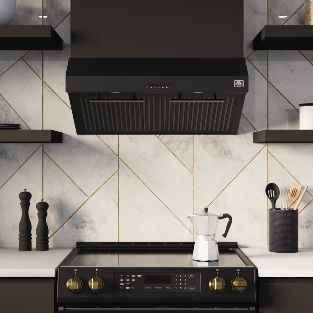 FORNO Bari Espresso 30" Under Cabinet in Black Range Hood, with additional Brass Filter Handles - Image 10