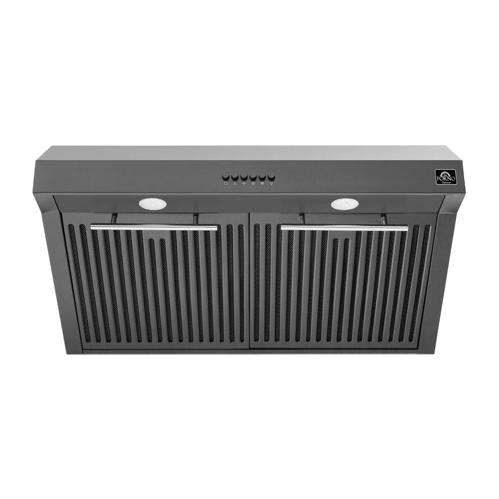 FORNO Bari Espresso 30" Under Cabinet in Black Range Hood, with additional Brass Filter Handles