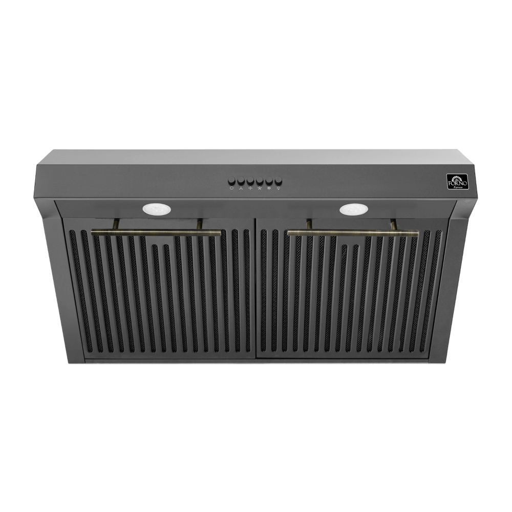 FORNO Bari Espresso 30" Under Cabinet in Black Range Hood, with additional Brass Filter Handles - Image 2