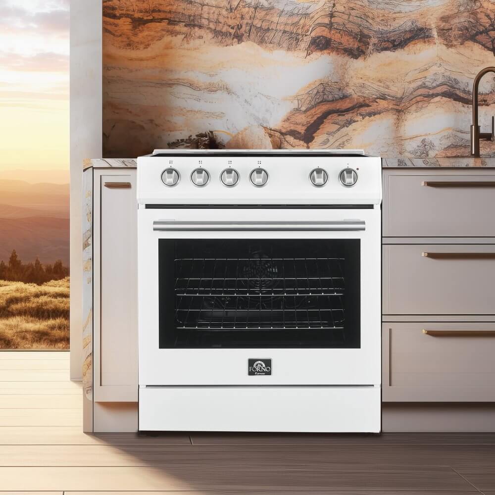 FORNO Leonardo Espresso 30-inch Slide-In Electric Range in White, 4 Elements, 7,100 Watts, 5.0 cu.ft. Oven with Convection Fan, Antique Brass Knobs and Handle - Image 16