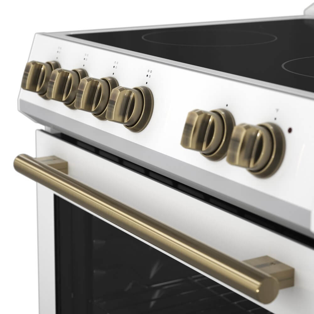 FORNO Leonardo Espresso 30-inch Slide-In Electric Range in White, 4 Elements, 7,100 Watts, 5.0 cu.ft. Oven with Convection Fan, Antique Brass Knobs and Handle - Image 14