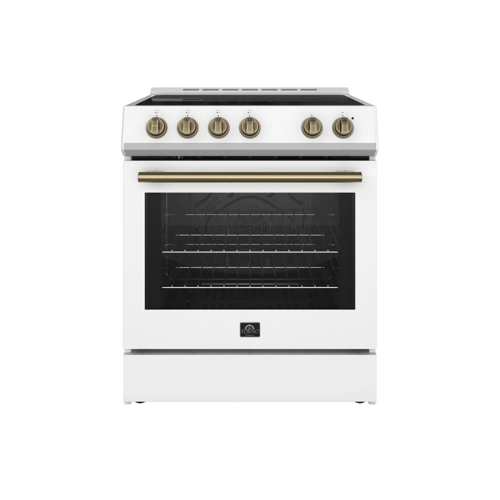 FORNO Leonardo Espresso 30-inch Slide-In Electric Range in White, 4 Elements, 7,100 Watts, 5.0 cu.ft. Oven with Convection Fan, Antique Brass Knobs and Handle