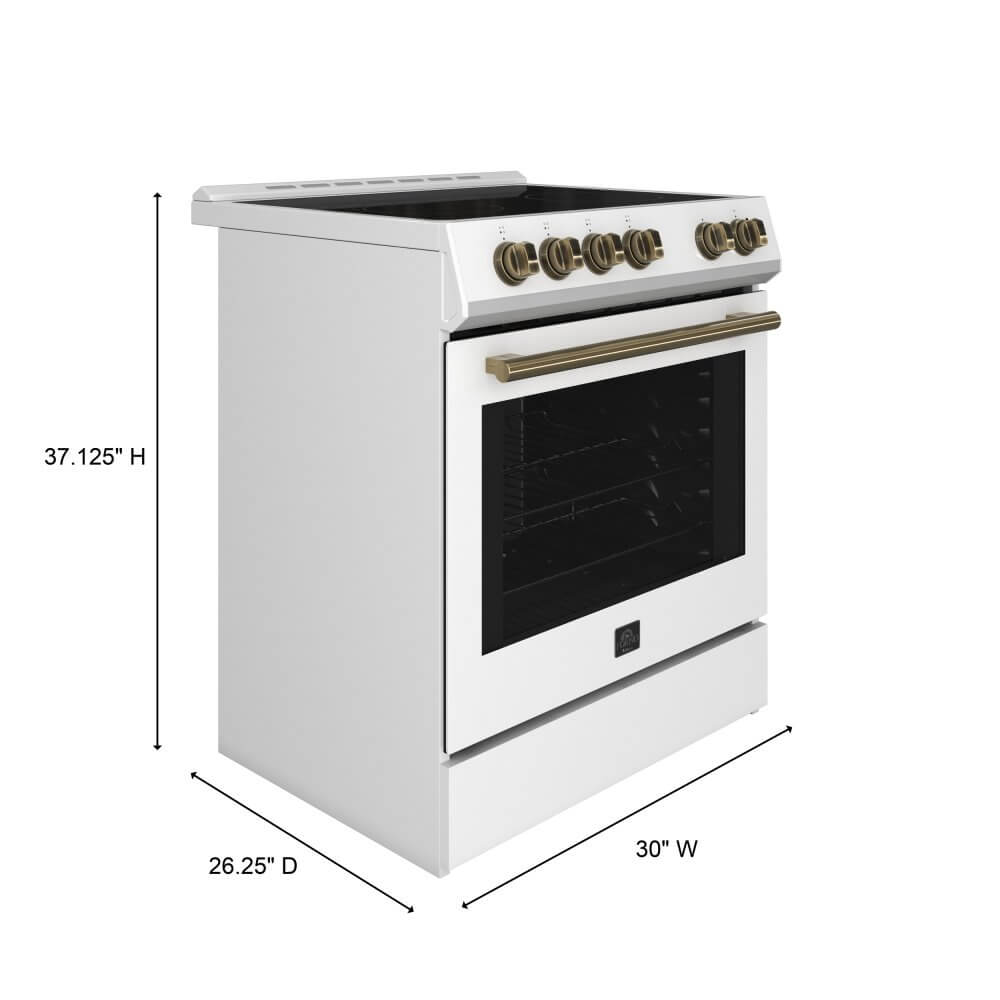 FORNO Leonardo Espresso 30-inch Slide-In Electric Range in White, 4 Elements, 7,100 Watts, 5.0 cu.ft. Oven with Convection Fan, Antique Brass Knobs and Handle - Image 4