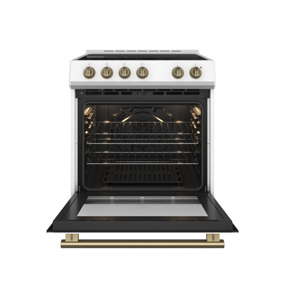 FORNO Leonardo Espresso 30-inch Slide-In Electric Range in White, 4 Elements, 7,100 Watts, 5.0 cu.ft. Oven with Convection Fan, Antique Brass Knobs and Handle - Image 2