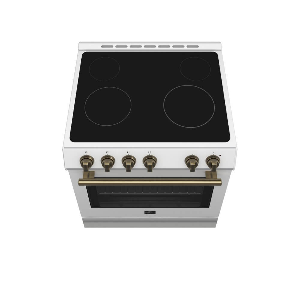 FORNO Leonardo Espresso 30-inch Slide-In Electric Range in White, 4 Elements, 7,100 Watts, 5.0 cu.ft. Oven with Convection Fan, Antique Brass Knobs and Handle - Image 3