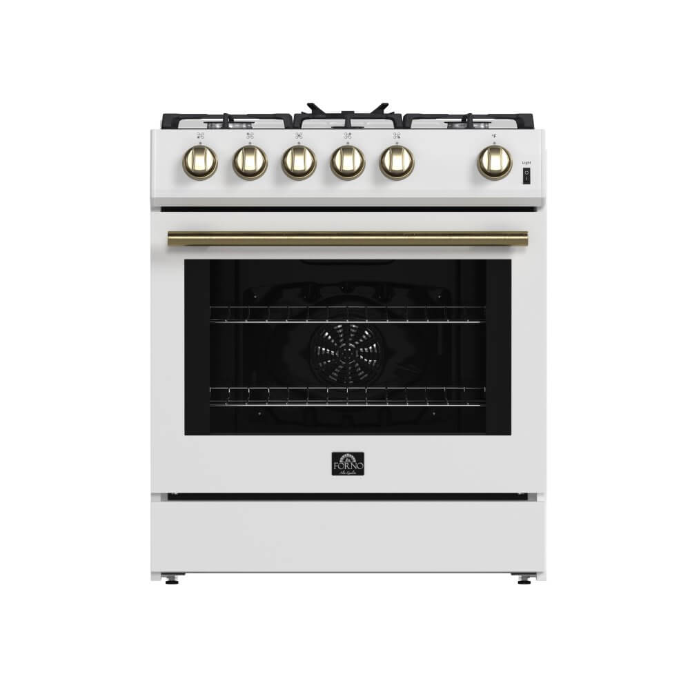 FORNO Leonardo Espresso 30" White Gas Range, 5 cu.ft. Convection Oven, 5 Sealed Burners 39 500 BTU & Wok Ring