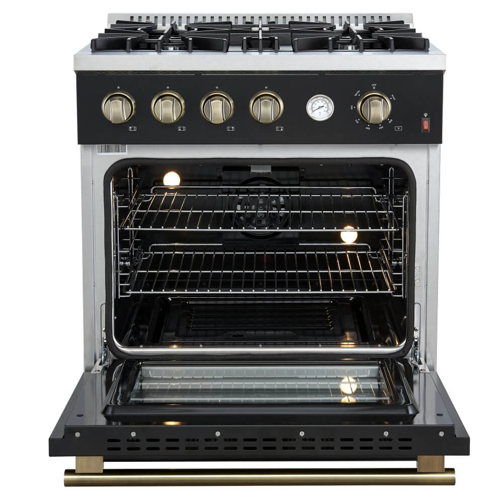FORNO Marco 30-inch Gas Range Black & Antique Brass Design, 4 Burners 37,000 BTU, 4.32 cu.ft. Convection Oven with Built-In Temperature Gauge - Image 2