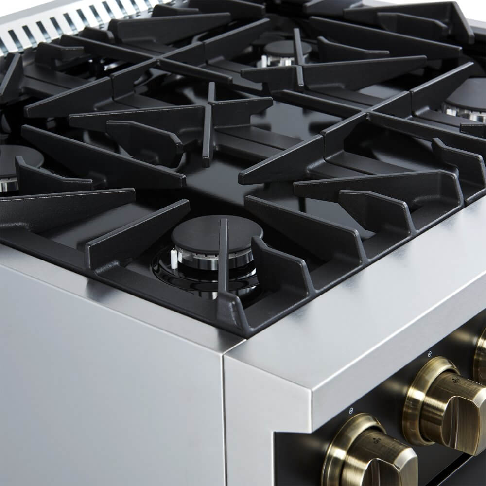 FORNO Marco 30-inch Gas Range Black & Antique Brass Design, 4 Burners 37,000 BTU, 4.32 cu.ft. Convection Oven with Built-In Temperature Gauge - Image 3