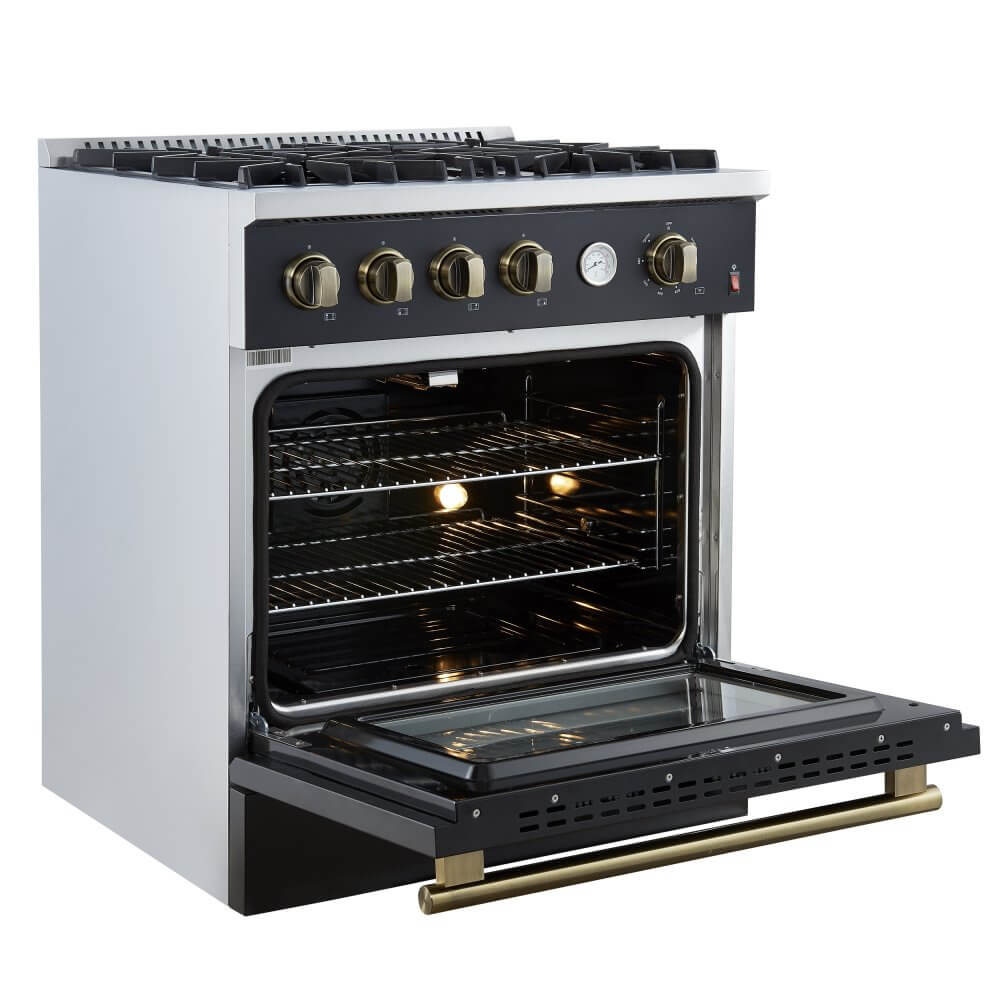 FORNO Marco 30-inch Gas Range Black & Antique Brass Design, 4 Burners 37,000 BTU, 4.32 cu.ft. Convection Oven with Built-In Temperature Gauge - Image 7