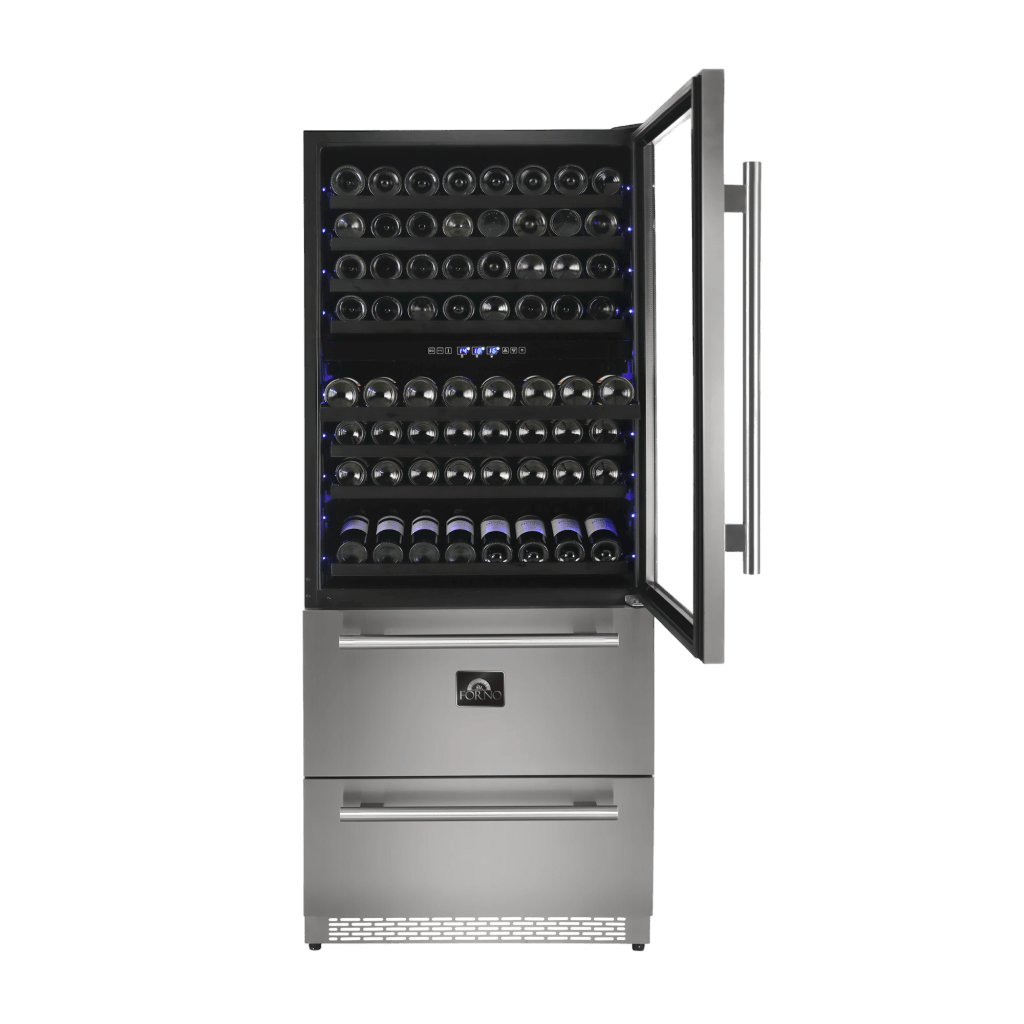 FWCDR6661 30S Capraia Triple Temp Zones Dual Zone 30 Wine Cooler With Two Refrigerator Drawers Front Open
