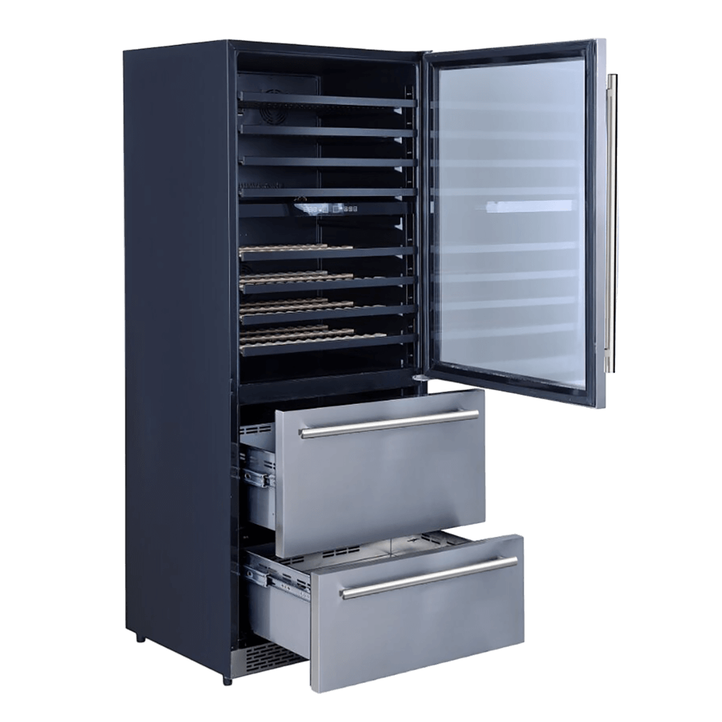 FWCDR6661 30S Capraia Triple Temp Zones Dual Zone 30 Wine Cooler With Two Refrigerator Drawers Open