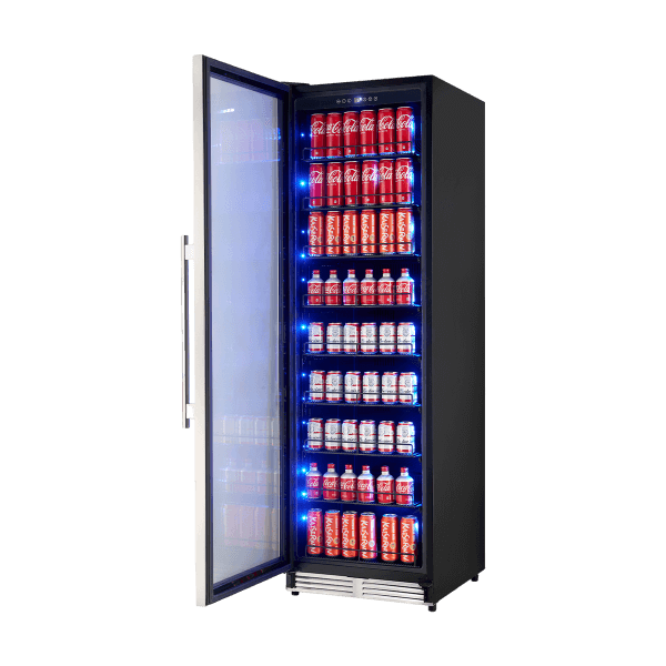 FBCBI6703 24S Beverage Cooler Angle Door Open With Beverage