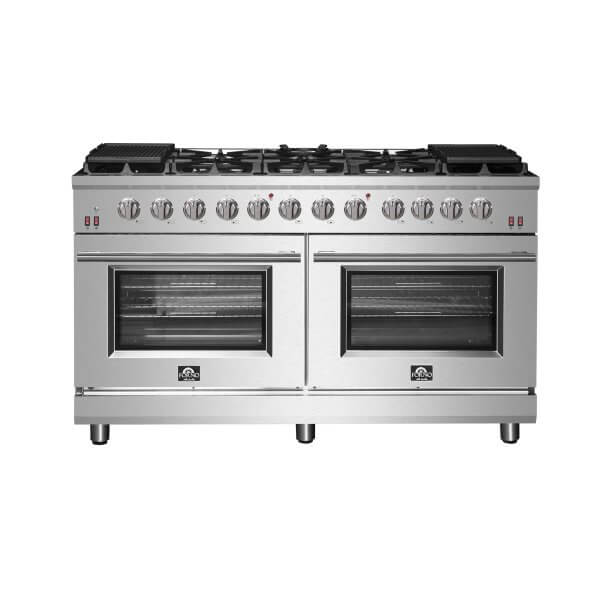 FORNO Massimo 60-inch Gas Range Stainless Steel, 10 Sealed Burners 142,000 BTU, 8.64 cu. ft. double ovens