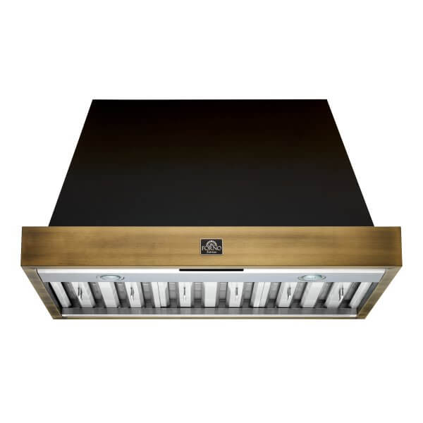 FORNO Vittorio 36" Wall Mount Range Hood in Black & Antique Brass Trim, 600 CFM with Baffle Filters & Remote Control