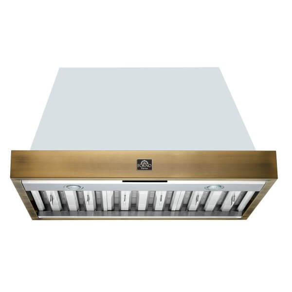 FORNO Vittorio 36" Wall Mount Range Hood in Black & Antique Brass Trim, 600 CFM with Baffle Filters & Remote Control