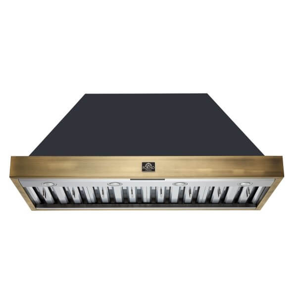 FORNO Vittorio 48" Wall Mount Range Hood in Black & Antique Brass Trim, 600 CFM with Baffle Filters & Remote Control