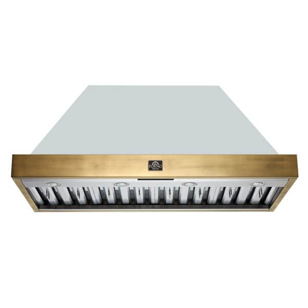 FORNO Vittorio 48" Wall Mount Range Hood in Black & Antique Brass Trim, 600 CFM with Baffle Filters & Remote Control